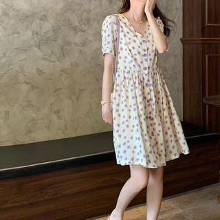 V-neck Floral Print Slim-cut Mini Dress