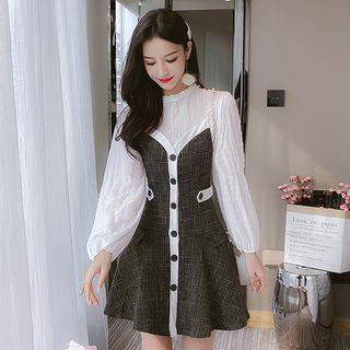 Set: Long-sleeve Top + Spaghetti Strap A-line Pinafore Dress