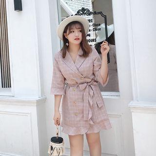 Elbow-sleeve Double Breasted Plaid Mini Coatdress