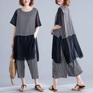 Set: Short-sleeve Chiffon Top + Crop Wide Leg Pants Top - As Shown In Figure - One Size / Pants - As Shown In Figure - One Size