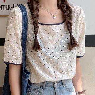 Square-neck Color Panel Short-sleeve Top
