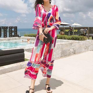 Set Of 4: Printed 3/4 Sleeve Top + Cropped Pants + Bikini Top + Swim Shorts