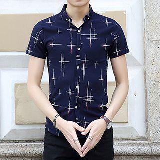 Patterned Short-sleeve Stand-collar Shirt