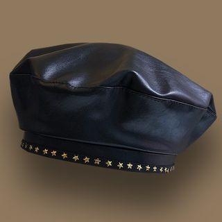 Star Studded Faux Leather Beret Black - One Size