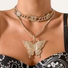 Set: Butterfly Rhinestone Pendant Necklace + Chunky Chain Rhinestone Choker
