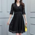 Wrap Front Elbow Sleeve Lace Dress