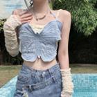 Butterfly Denim Crop Camisole Top / Lace Oversleeves / Set