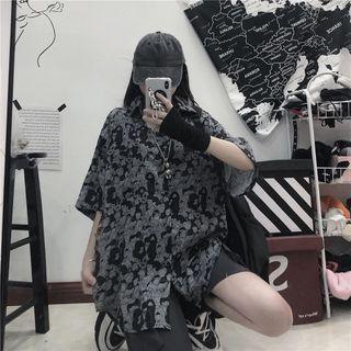 Elbow Sleeve Cartoon Print Shirt As Shown In Figure - One Size