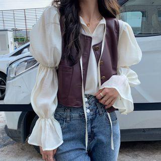 Puff-sleeve Shirred Blouse / Faux Leather Button-up Vest