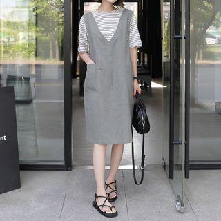 V-neck Patch-pocket Midi Overall Dress