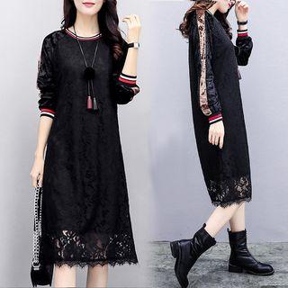 Contrast-trim Long-sleeve Midi A-line Lace Dress