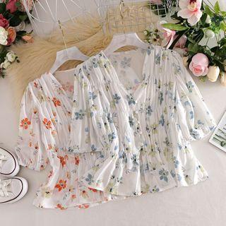 V Collar Floral Chiffon Short-sleeved Shirt