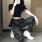 Short-sleeve Cropped Tie-back T-shirt / Drawstring Camouflage Pants