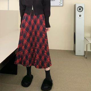 Plaid Pleated Midi Skirt Red - One Size