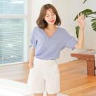 V-neck Short-sleeve Tie-cuff Check Top