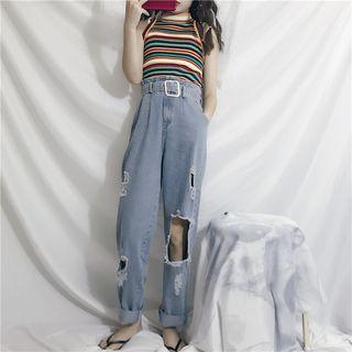 Striped Tank Top/high Waist Ripped Jeans