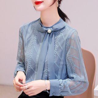 Long-sleeve Lace Tie-neck Blouse