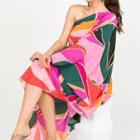 One-shoulder Color Block Midi Smock Dress