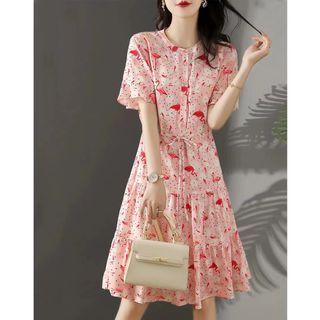 Flamingo Print Midi A-line Dress
