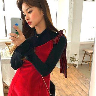 Plain Long-sleeve Top / Velvet Slipdress