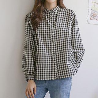 Stand-collar Gingham Shirt