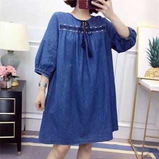 Embroidered Tasseled 3/4 Sleeve Denim Dress