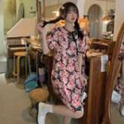 Puff-sleeve Floral Mini A-line Dress Green & Pink & Black - One Size