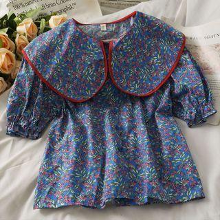 Peter Pan-collar Printed Loose Top Blue - One Size