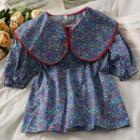 Peter Pan-collar Printed Loose Top Blue - One Size