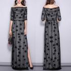 Elbow-sleeve Lace Maxi Party Dress