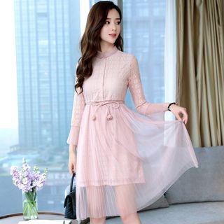 Mesh Overlay 3/4-sleeve A-line Dress