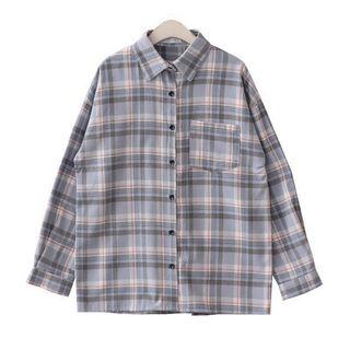 Long-sleeve Plaid Shirt Plaid - Grayish Blue - One Size