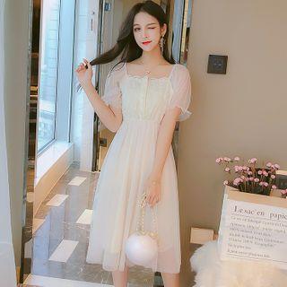 Short-sleeve Lace Panel Midi A-line Mesh Dress