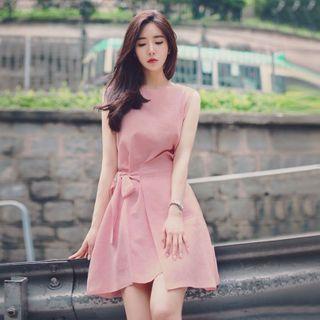 Plain Tie-waist Sleeveless Mini A-line Dress