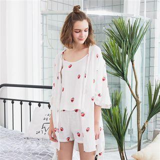 Loungewear Set: Strawberry Print Camisole Top + Shorts + 3/4-sleeve Robe