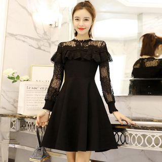 Lace Panel Ruffle A-line Dress