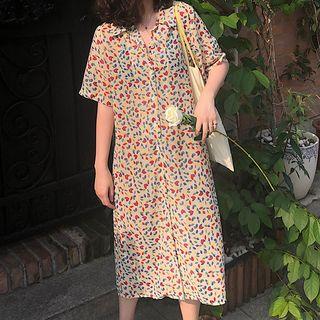 Patterned Short-sleeve Midi Shirt Dress As Shown In Figure - One Size