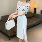 Puff-sleeve Dotted Panel Bodycon Dress