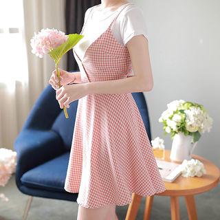Set: Wrap-front Gingham Pinafore Dress + T-shirt