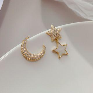 Non-matching Rhinestone Moon & Star Earring 1 Pair - Star & Moon - One Size