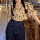 Puff-sleeve Floral Print Cropped Blouse Floral - Tangerine & Green & Beige - One Size