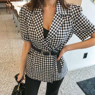 Short-sleeve Double-breasted Gingham Blazer