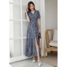 Puff-sleeve Deep-slit Maxi Floral Dress