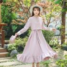 Long-sleeve Frill Trim Frog Buttoned A-line Midi Dress