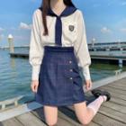 Long-sleeve Sailor Collar Logo Embroidered Top / Check Mini Pencil Skirt