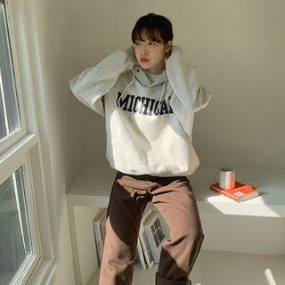 Button-detail Drawstring-hem Letter Hoodie
