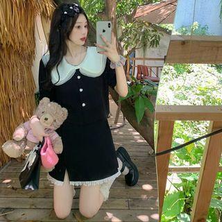 Short-sleeve Collared Blouse / Lace Trim Mini A-line Skirt
