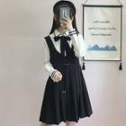 Long-sleeve Shirt / Mini A-line Pinafore Skirt