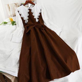 Two-tone Panel Tie-waist Midi A-line Dress