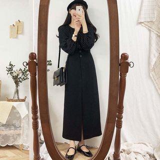 Dotted Blouse / Front-slit Midi A-line Skirt